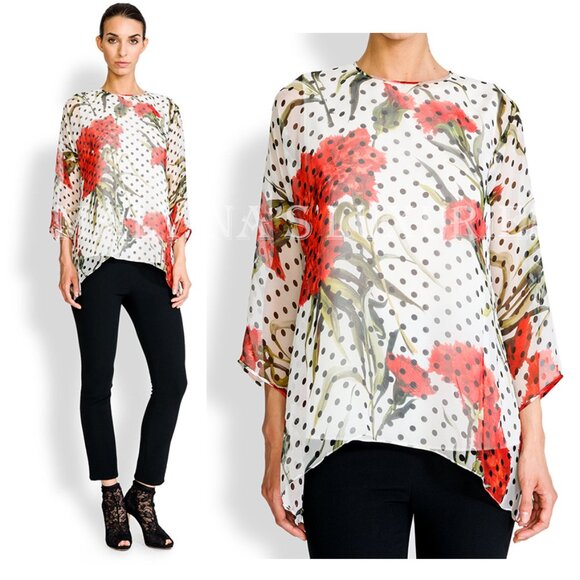 DOLCE & GABBANA BLOUSE CHIFFON POLKA DOT CARNATIONS SILK TOP sz 40 US 4